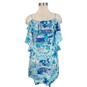 Lilly Pulitzer 100% Silk Fresh Catch Ruffle Mini Dress Womens 6 Resort Vacation